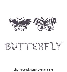 Hand carved bold block print butterfly text icon clip art. Folk illustration design element. Modern boho decorative linocut. Ethnic muted natural tones. Isolated rustic vector motif. 