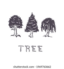 Hand carved bold block print tree text icon clip art. Folk illustration design element. Modern boho decorative linocut. Ethnic muted natural tones. Isolated rustic vector motif. 