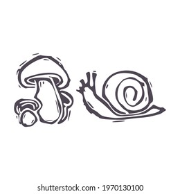 Hand carved bold block print snail and mushroom icon clip art. Folk illustration design element. Modern boho decorative linocut. Ethnic muted natural tones. Isolated rustic vector motif. 