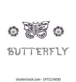 Hand carved bold block print butterfly text icon clip art. Folk illustration design element. Modern boho decorative linocut. Ethnic muted natural tones. Isolated rustic vector motif. 