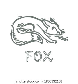 Hand carved bold block print fox text icon clip art. Folk illustration design element. Modern boho decorative linocut. Ethnic muted natural tones. Isolated rustic vector motif. 