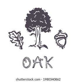 Hand carved bold block print oak tree text icon clip art. Folk illustration design element. Modern boho decorative linocut. Ethnic muted natural tones. Isolated rustic vector motif. 
