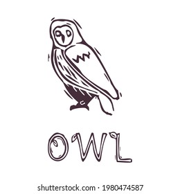 Hand carved bold block print owl text icon clip art. Folk illustration design element. Modern boho decorative linocut. Ethnic muted natural tones. Isolated rustic vector motif.