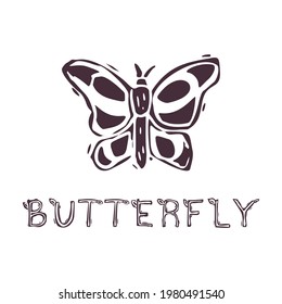 Hand carved bold block print butterfly text icon clip art. Folk illustration design element. Modern boho decorative linocut. Ethnic muted natural tones. Isolated rustic vector motif. 