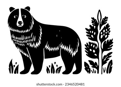 Hand carved bold block print bear in linocut style, textured silhouette childish vector illustration, isolated on white.