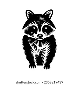 Hand carved bold block print raccoon in linocut style, textured silhouette childish vector illustration, isolated on white.