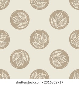 Hand carved botanical leaf in lino cut scandi style seamless vector pattern. Rustic foliate graphic design background. 