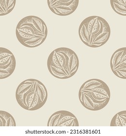 Hand carved botanical leaf in lino cut scandi style seamless vector pattern. Rustic foliate graphic design background. 