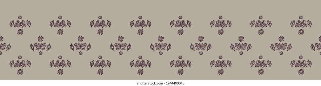 Hand carved butterfly block print seamless border pattern. Rustic naive folk motif illustration banner. Modern simple heritage style natural lino cut illustration. Ethnic primitive edge bordure trim.