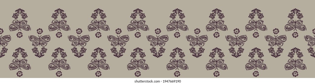 Hand carved butterfly block print seamless border pattern. Rustic naive folk motif illustration banner. Modern simple heritage style natural lino cut illustration. Ethnic primitive edge bordure.