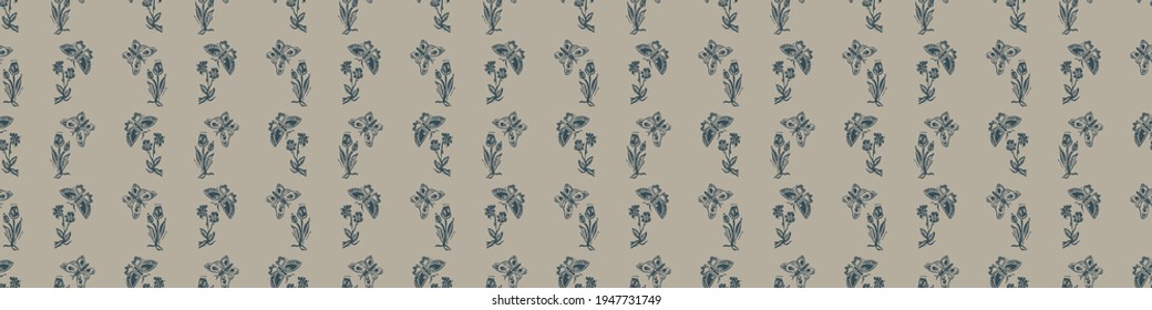 Hand carved butterfly block print seamless border pattern. Rustic naive folk motif illustration banner. Modern simple heritage style natural lino cut illustration. Ethnic primitive edge bordure.