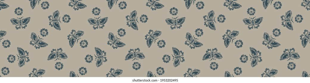 Hand carved butterfly block print seamless border pattern. Rustic naive folk motif illustration banner. Modern simple heritage style natural lino cut illustration. Ethnic edge bordure trim.