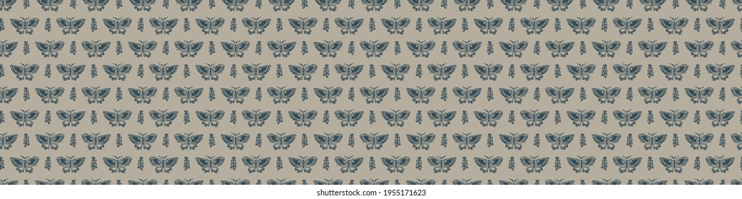 Hand carved butterfly block print seamless border pattern. Rustic naive folk motif illustration banner. Modern simple heritage style natural lino cut illustration. Ethnic primitive edge bordure trim.