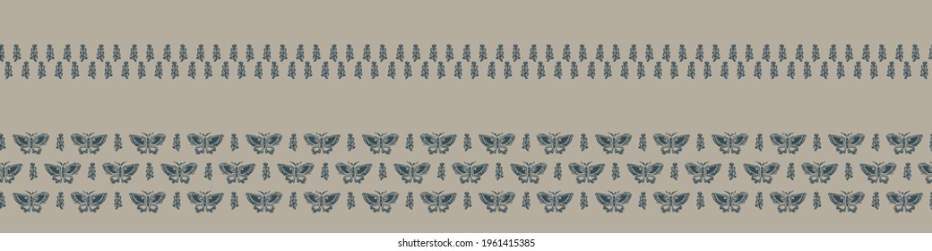 Hand carved butterfly block print seamless border pattern. Rustic naive folk motif illustration banner. Modern simple heritage style natural lino cut illustration. Ethnic primitive edge bordure trim.