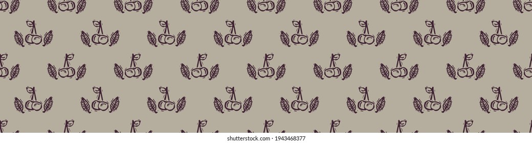 Hand carved cherry block print seamless border pattern. Rustic naive folk motif illustration banner. Modern simple heritage style natural lino cut illustration. Ethnic primitive edge bordure trim.