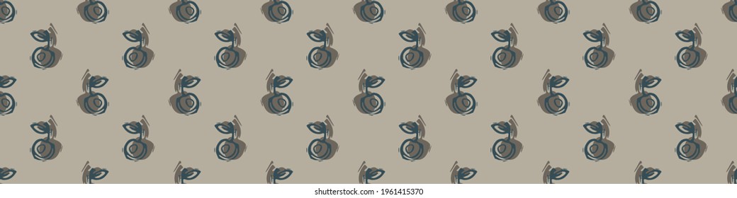 Hand carved cherry block print seamless border pattern. Rustic naive folk motif illustration banner. Modern simple heritage style natural lino cut illustration. Ethnic primitive edge bordure trim.