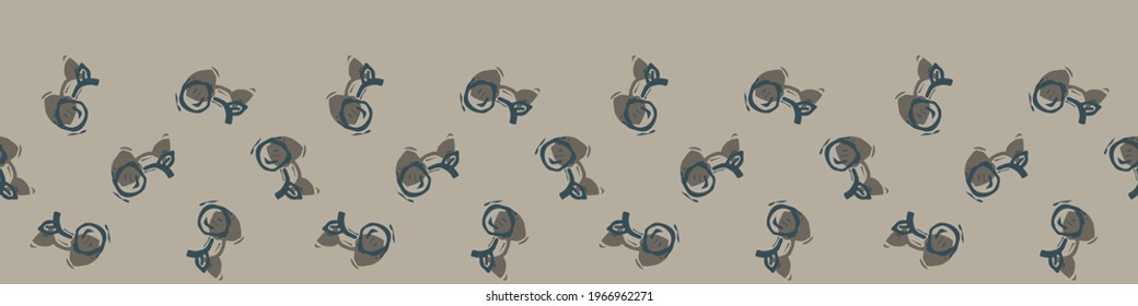 Hand carved cherry block print seamless border pattern. Rustic naive folk motif illustration banner. Modern simple heritage style natural lino cut illustration. Ethnic primitive edge bordure trim.