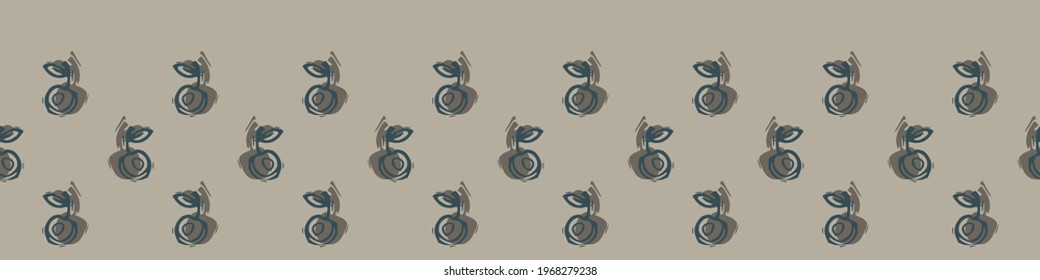 Hand carved cherry block print seamless border pattern. Rustic naive folk motif illustration banner. Modern simple heritage style natural lino cut illustration. Ethnic primitive edge bordure trim.