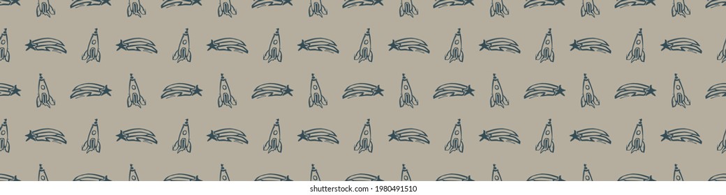 Hand carved comet block print seamless border pattern. Rustic naive folk motif illustration banner. Modern simple heritage style natural lino cut illustration. Ethnic primitive edge bordure trim.
