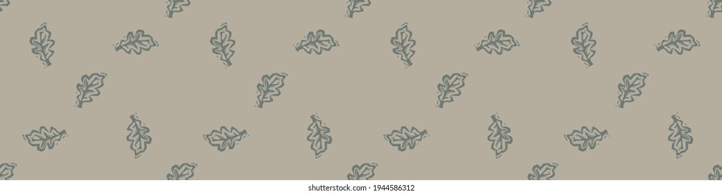 Hand carved leaf block print seamless border pattern. Rustic naive folk motif illustration banner. Modern simple heritage style natural lino cut illustration. Ethnic primitive edge bordure trim.