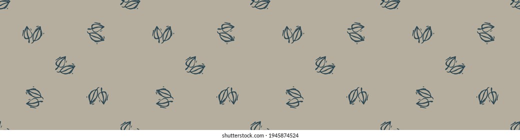 Hand carved leaf block print seamless border pattern. Rustic naive folk motif illustration banner. Modern simple heritage style natural lino cut illustration. Ethnic primitive edge bordure trim.