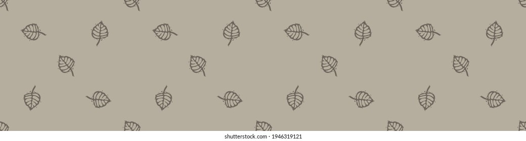 Hand carved leaf block print seamless border pattern. Rustic naive folk motif illustration banner. Modern simple heritage style natural lino cut illustration. Ethnic primitive edge bordure trim.