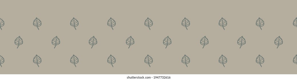 Hand carved leaf block print seamless border pattern. Rustic naive folk motif illustration banner. Modern simple heritage style natural lino cut illustration. Ethnic primitive edge bordure.