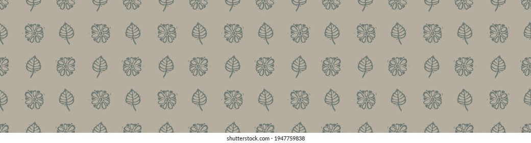 Hand carved leaf block print seamless border pattern. Rustic naive folk motif illustration banner. Modern simple heritage style natural lino cut illustration. Ethnic primitive edge bordure.