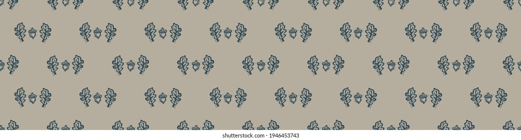 Hand carved oak leaf block print seamless border pattern. Rustic naive folk motif illustration banner. Modern simple heritage style natural lino cut. Ethnic primitive edge bordure trim.