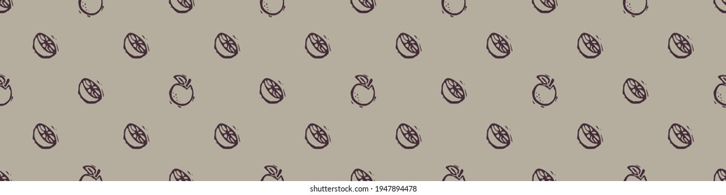 Hand carved orange block print seamless border pattern. Rustic naive folk motif illustration banner. Modern simple heritage style natural lino cut illustration. Ethnic primitive edge bordure.