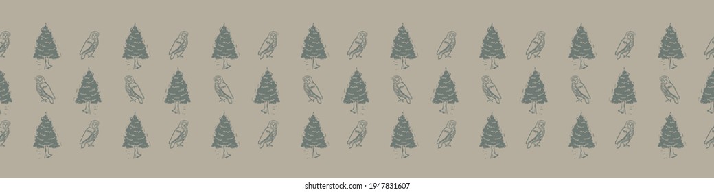 Hand carved owl block print seamless border pattern. Rustic naive folk motif illustration banner. Modern simple heritage style natural lino cut illustration. Ethnic primitive edge bordure.