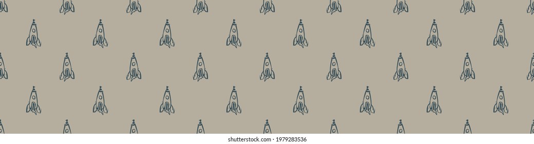 Hand carved rocket ship block print seamless border pattern. Rustic naive folk motif illustration banner. Modern simple heritage style natural lino cut illustration. Ethnic edge bordure trim.