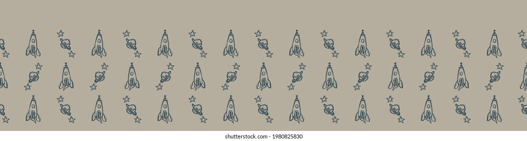 Hand carved spaceship block print seamless border pattern. Rustic naive folk motif illustration banner. Modern simple heritage style natural lino cut illustration. Ethnic primitive edge bordure trim.