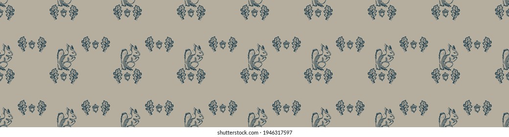 Hand carved squirrel block print seamless border pattern. Rustic naive folk motif illustration banner. Modern simple heritage style natural lino cut illustration. Ethnic primitive edge bordure trim.