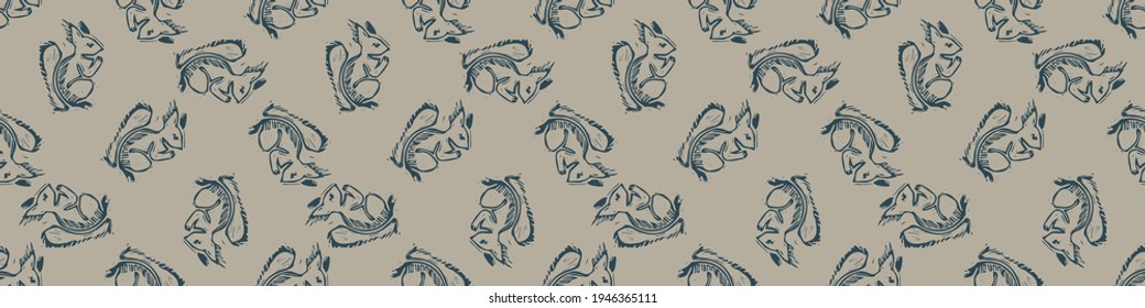Hand carved squirrel block print seamless border pattern. Rustic naive folk motif illustration banner. Modern simple heritage style natural lino cut illustration. Ethnic primitive edge bordure trim.