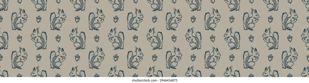 Hand carved squirrel block print seamless border pattern. Rustic naive folk motif illustration banner. Modern simple heritage style natural lino cut illustration. Ethnic primitive edge bordure trim.