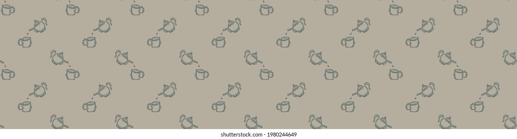 Hand carved tea block print seamless border pattern. Rustic naive folk motif illustration banner. Modern simple heritage style natural lino cut illustration. Ethnic primitive edge bordure trim.