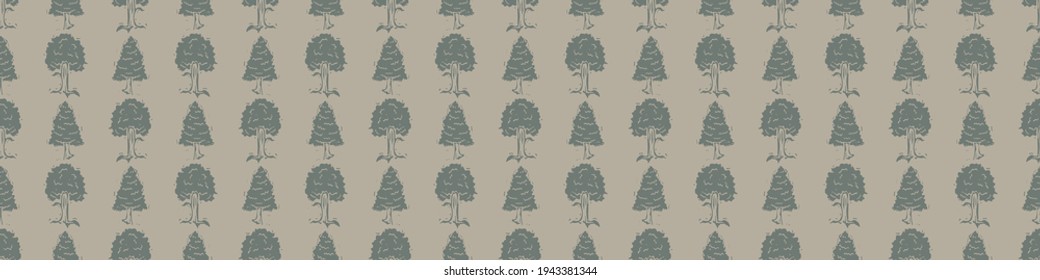 Impresión de bloques de árbol tallados a mano con un patrón de borde sin fisuras. Cartel de ilustración de un motivo popular ingenuo y rústico. Moderna y sencilla ilustración de linóleo natural. Recorte del borde primitivo étnico.