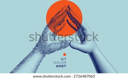 A hand as a cascading digital code matrix touches a hand in a stipple style. Hands with steepled fingers. Body language. Сascading digital code matrix. Vector for poster, cover, brochure, presentation