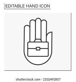  Hand with case line icon. Business plan on palm. Profitable business ideas and strategies. Hand concept. Isolated vector illustration. Editable stroke