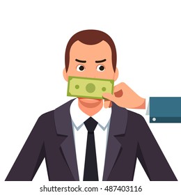 Hand with cash money dollar banknote covering politician or business man mouth buying silence telling him to shut up. Lobbyist corruption concept. Flat style vector illustration.