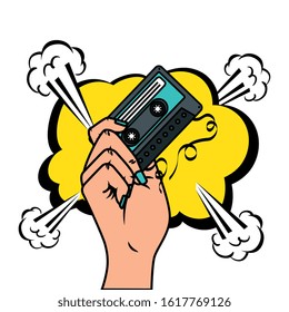 hand with cassette and cloud pop art style icon vector illustration design