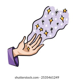 Hand casting magic colorful outlined illustration isolated on square white background. Simple flat cartoon art styled drawing.