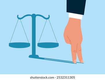 Hand casting a shadow of a justice scale on a wall as a symbol for a legal counselor. Balance and justice for leadership. Flat vector illustration