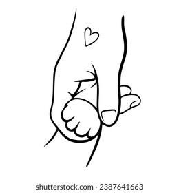 hand and cat paw in human hand. Paw Heart. Friendship between man and animal. Cheerful character greets pet with a handshake. Best friends. Vector