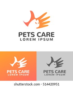 Hand with cat silhouette logo. Pets vector logo template. Cat logo vector concept. Pet shop logo. Pet shop icon.  Pets logo. Pets icon. Pets vector.