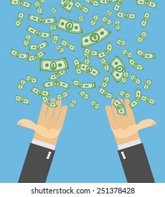Hand catch money. Dollar rain. Falling Cash flow. Business illustration