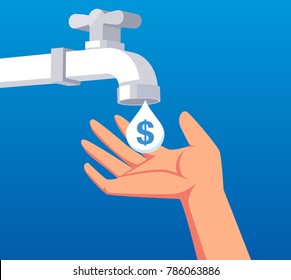 Hand to catch the money flowing from the taps inside