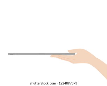 Hand catch new powerful tablet new design advance technology with high resolution display, liquid retina display, business device, tablet, screen, future technology, flat vector.