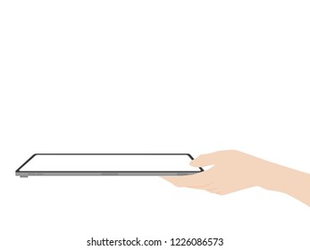 Hand catch new powerful tablet new design advance technology with high resolution display, liquid retina display, business device, tablet, screen, future technology, flat vector.